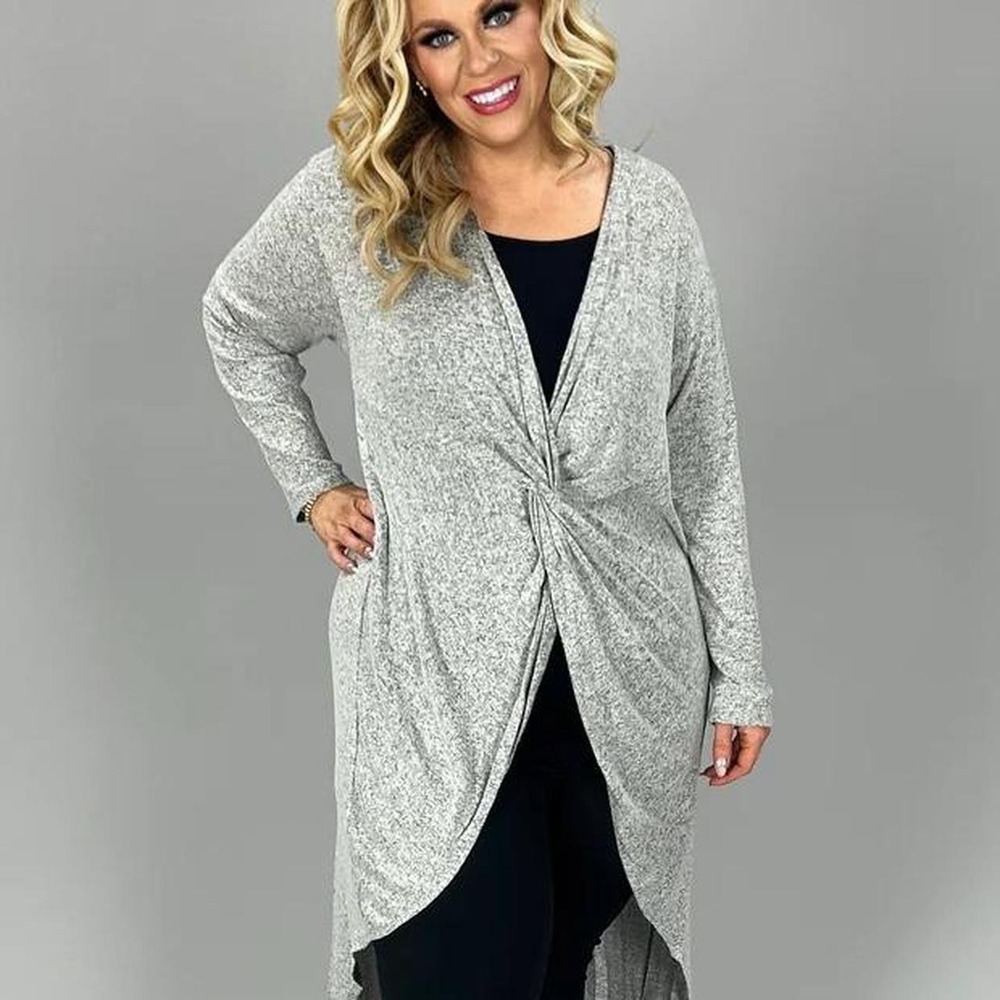 Emerald Womens Heather Grey Twist Front High Low Tunic Cardigan Sweater 1X NWT‎